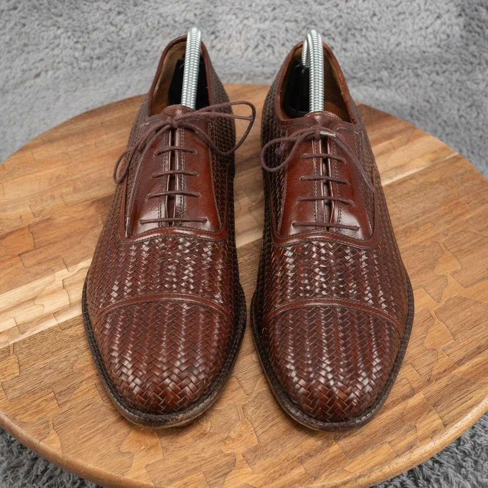 Salvatore Ferragamo Woven Leather Oxford Men's 9 D Brown Cap Toe Basket Weave